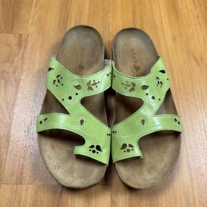 Haflinger Lime Green Leather Laser Cut Cork Footbed Slide Sandals Womens 40